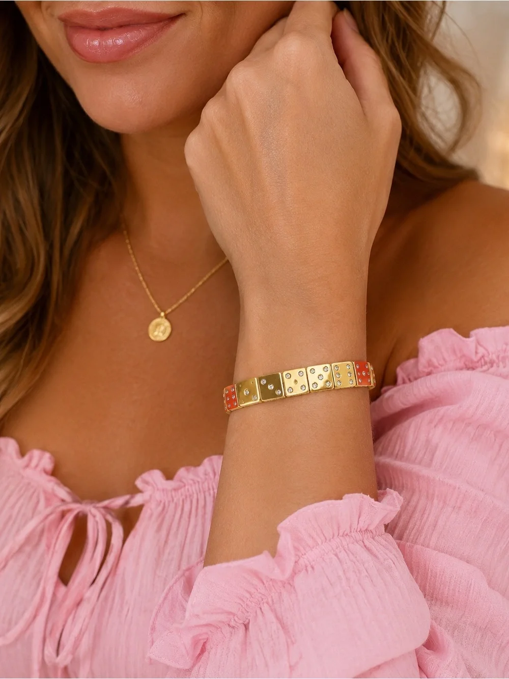 Piper K | Gold Tone Dice Rhinestone Stretch Bracelet ♠️✨